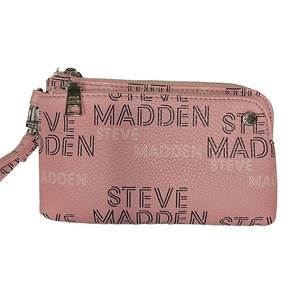 STEVE MADDEN Dual Zip Multi-colored Logo Pink Blush Wristlet 8x5 - Picture 4 of 6